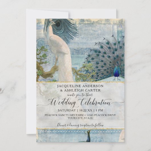 Blue White Peacock Elegant  Script Monogram Kaart (Voorkant)