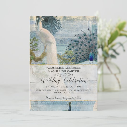 Blue White Peacock Elegant Script Monogram Kaart (Staand voorkant)