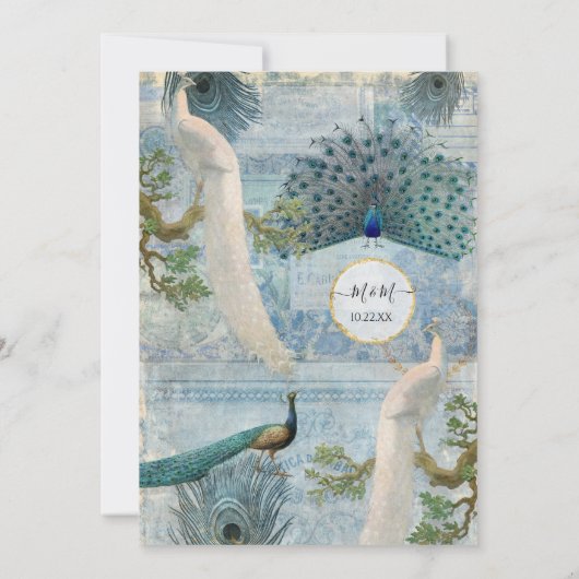 Blue White Peacock Elegant Script Monogram Kaart (Achterkant)