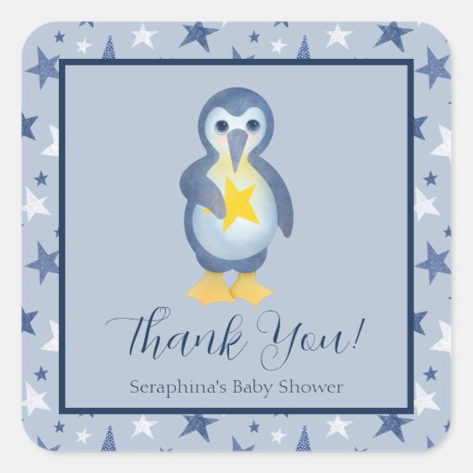 Blue White Penguin Stars Baby shower Hartelijk dan Vierkante Sticker (Voorkant)
