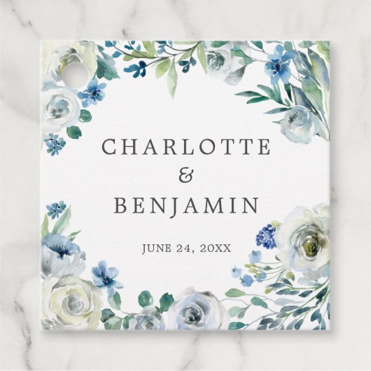 Blue White Peony Floral Custom Spring Wedding Bedankjes Labels (Voorkant)