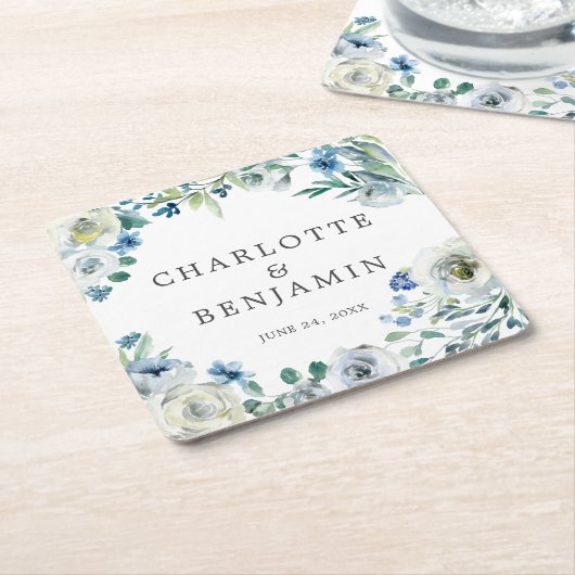 Blue White Peony Floral Custom Spring Wedding Kartonnen Onderzetters (Schuin)