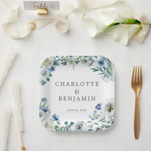 Blue White Peony Floral Custom Spring Wedding Papieren Bordje (Huwelijk)