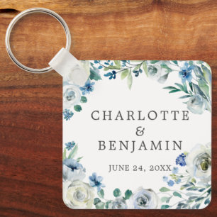 Blue White Peony Floral Custom Spring Wedding Sleutelhanger