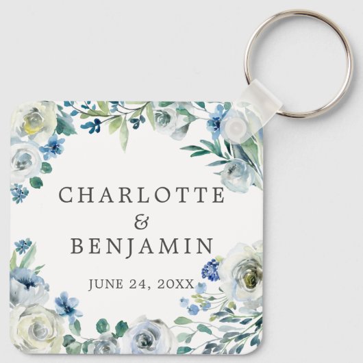 Blue White Peony Floral Custom Spring Wedding Sleutelhanger (Achterkant)