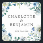 Blue White Peony Floral Custom Spring Wedding Vierkante Sticker<br><div class="desc">Cheerful white peony bloemen en groene waterverf bladeren vormen een prachtige grens aan deze  blauwe sticker voor de lenteverbruiloft. Een mooie tuinbruiloft accessoire.</div>