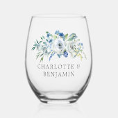 Blue White Peony Floral Custom Spring Wedding Wijnglas Zonder Voet (Voorkant)