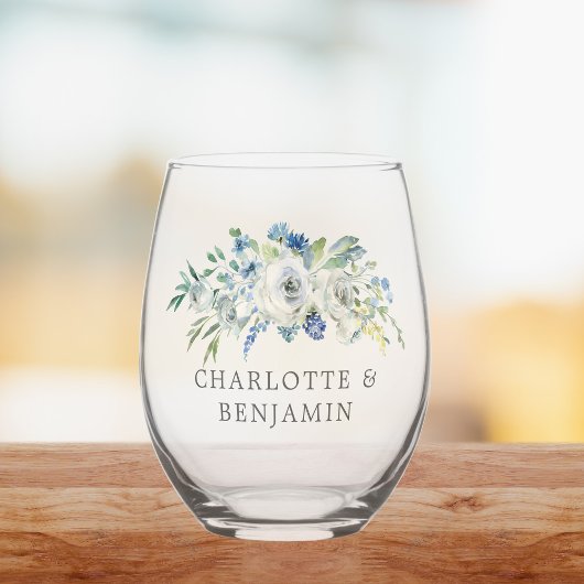 Blue White Peony Floral Custom Spring Wedding Wijnglas Zonder Voet