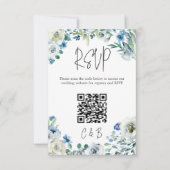 Blue White Peony Floral Spring Wedding QR Code RSVP Kaartje (Voorkant)