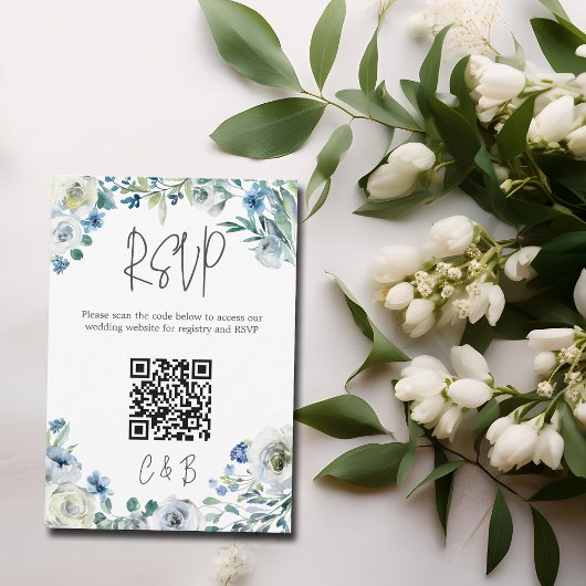 Blue White Peony Floral Spring Wedding QR Code RSVP Kaartje