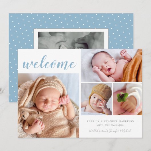 Blue White Photo Collage Baby Welcome Birth A Aankondiging (Voorkant / Achterkant)