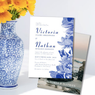 Blue & White Photo Floral Chinoiserie Wedding Kaart