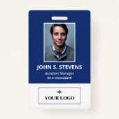 Blue White Photo & Logo Employee ID Badge (Voorkant)