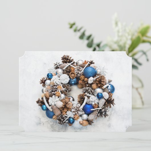 Blue White Pine Wreath Christmas Feestdagenkaart (Staand voorkant)