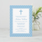 Blue White Polka Dot Cross Boy Baptisme Christenin Kaart (Staand voorkant)