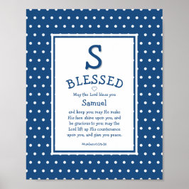 Blue White Polka Dot Name Baby Blessing Nursery Poster