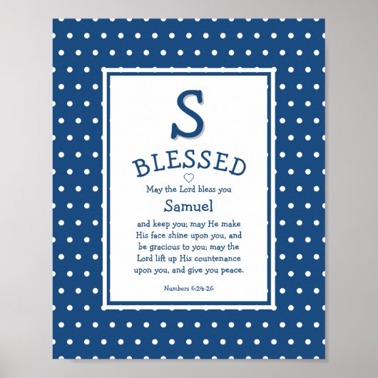 Blue White Polka Dot Name Baby Blessing Nursery Poster (Voorkant)