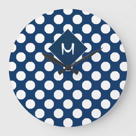 Blue White Polka Dot Pattern Monogram Grote Klok (Voorkant)