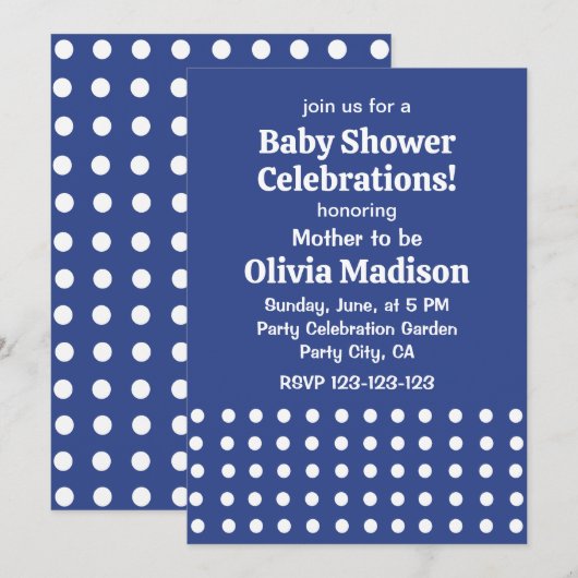Blue White Polka Dots Baby shower Kaart (Voorkant / Achterkant)
