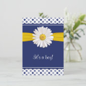 Blue White Polka Dots Daisy Baby shower Invitation Kaart (Staand voorkant)