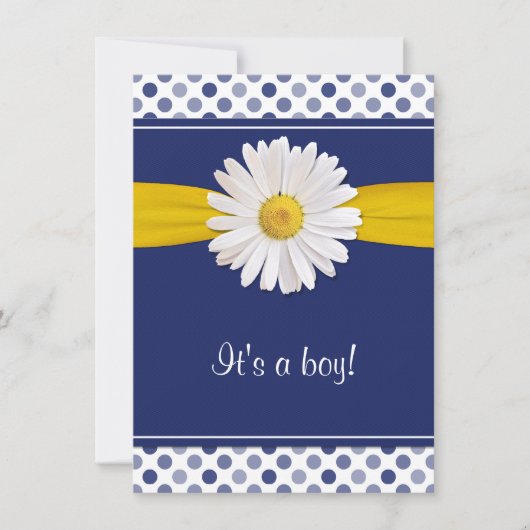 Blue White Polka Dots Daisy Baby shower Invitation Kaart (Voorkant)