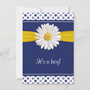 Blue White Polka Dots Daisy Baby shower Invitation Kaart