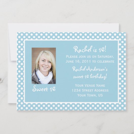 Blue White Polka Dots Sweet 16 Birthday Invitation Kaart (Voorkant)