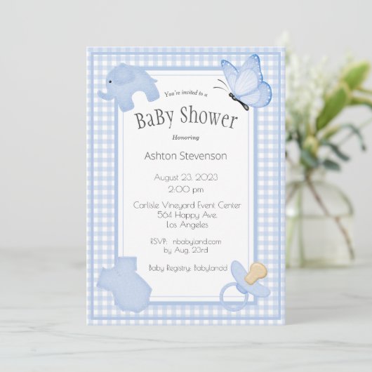 Blue White Pset Gingham Boy Baby shower Kaart (Staand voorkant)