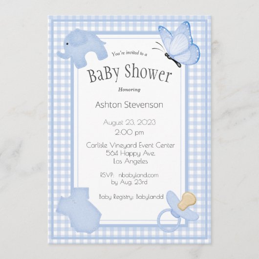 Blue White Pset Gingham Boy Baby shower Kaart (Voorkant)