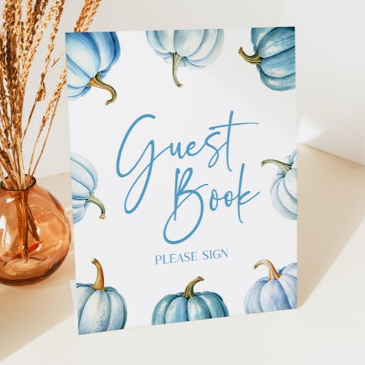 Blue White Pumpkin Herfst Herfst Gastboek Reclamebord Met Voetstuk