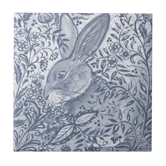 Blue White Rabbit Botanical Delft Dedham Painting Tegeltje (Voorkant)