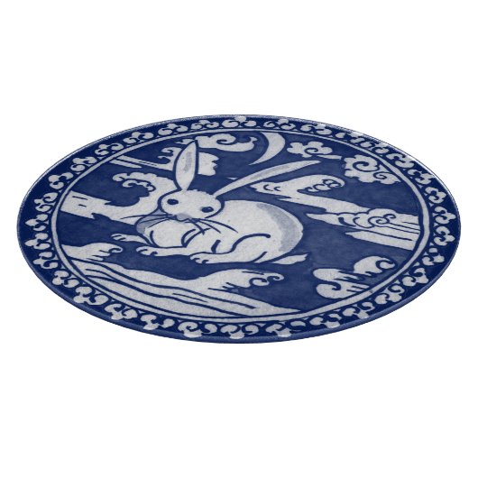 Blue White Rabbit Clouds Moon Antiek Chinoiserie Snijplank (Hoek)
