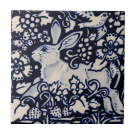 Blue White Rabbit Floral Bird Chinoiserie Berry Tegeltje
