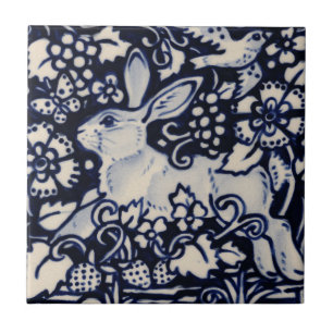 Blue White Rabbit Floral Bird Chinoiserie Berry Tegeltje