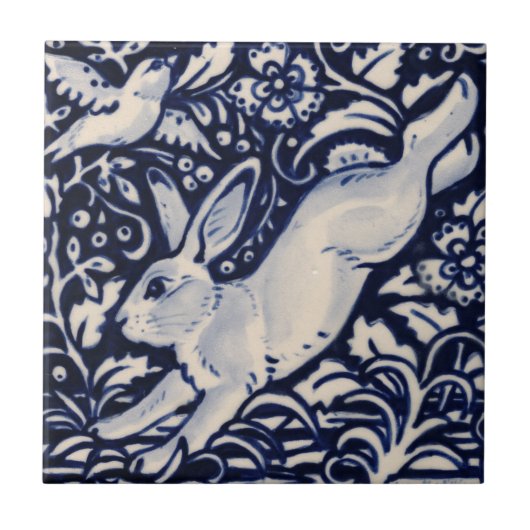 Blue White Rabbit Floral Bird Chinoiserie Cobalt Tegeltje (Voorkant)