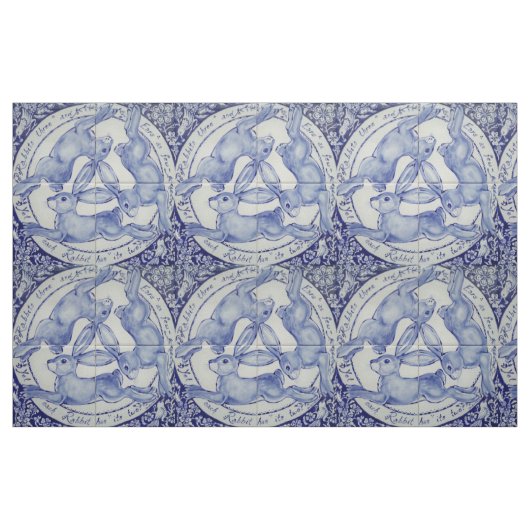 Blue White Rabbit Hare Bird Trio Medallion Fabric Stof (Fat Quarter)