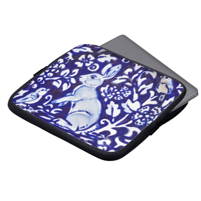 Blue White Rabbit Hare Bunny Bird Woodland Laptop Sleeve (Voorkant top)