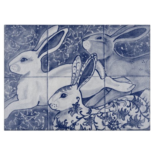 Blue White Rabbit Hare Tiled Chinoiserie Floral Snijplank (Voorkant)