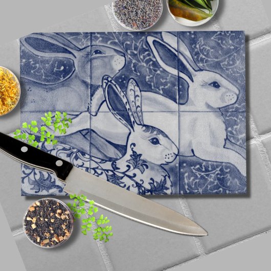 Blue White Rabbit Hare Tiled Chinoiserie Floral Snijplank