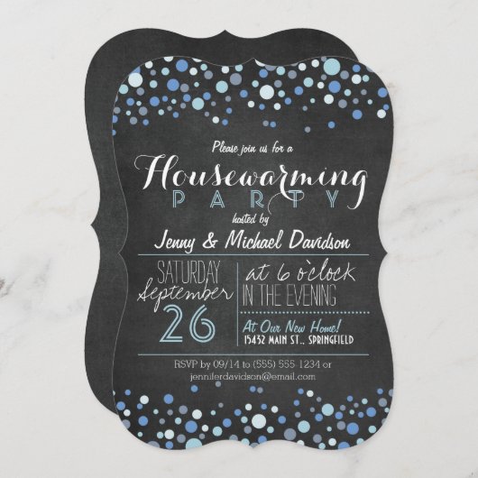 Blue & White Retro Chalkboard Housewarming Party Kaart (Voorkant / Achterkant)