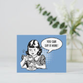 Blue White Retro Girl Eating Ice Cream Fun Card Briefkaart (Staand voorkant)