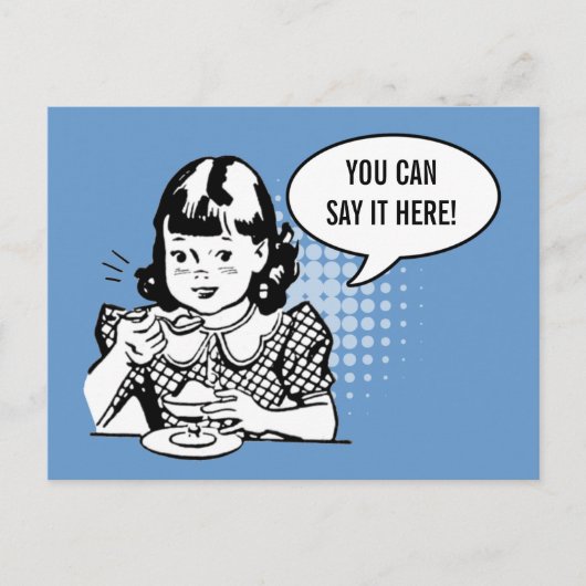 Blue White Retro Girl Eating Ice Cream Fun Card Briefkaart (Voorkant)