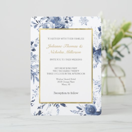 Blue White Romantic Floral Wedding Kaart (Staand voorkant)