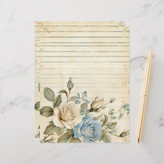  Blue White Roses Junk Journal Papier (Voorkant / Achterkant in situ)