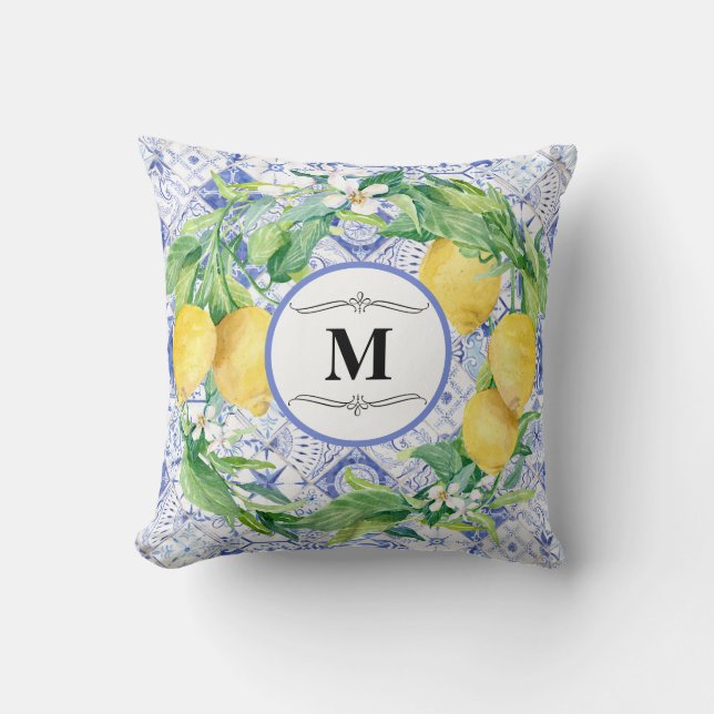 Blue White Rustic Lemon Greenery Wreath Monogram Kussen (Voorkant)