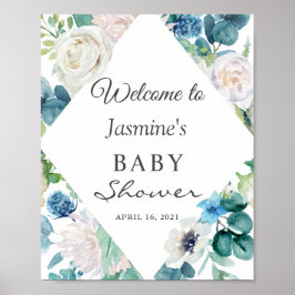 Blue White Sage Green Floral Baby shower Sign Poster