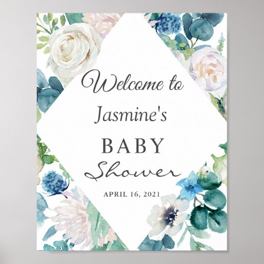 Blue White Sage Green Floral Baby shower Sign Poster (Voorkant)