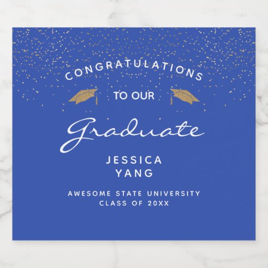 Blue White Script Gold Pet Afstuderen Bier Etiket (Enkel label)