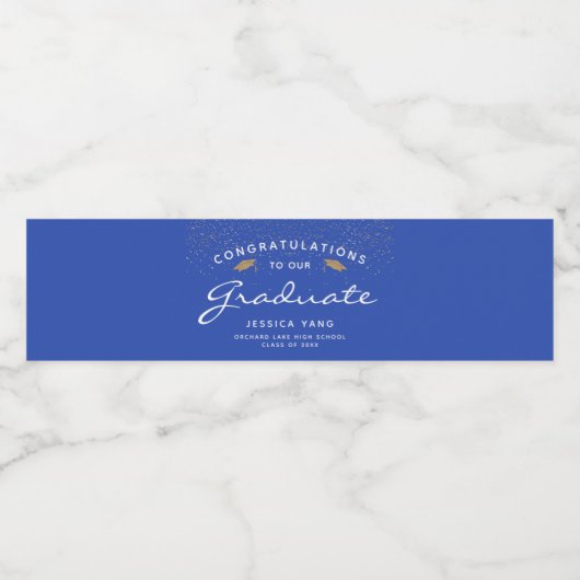 Blue White Script Gold Pet Afstuderen Waterfles Etiket (Enkel label)