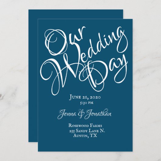 Blue White Script Wedding Kaart (Voorkant / Achterkant)